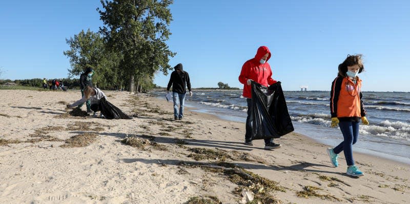 Austin McGlathery, 9, Stephanie McGlathhery, Jake Glad, Mike Cousino and Laney McGlathery, 8, all of Monroe, look for trash on the beach at Sterling State Park in 2020.
Photo by Dana Stiefel