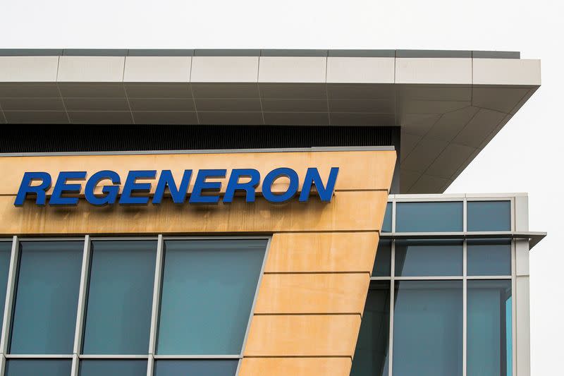 FILE PHOTO: The Regeneron Pharmaceuticals company logo is seen on a building at the company's Westchester campus in Tarrytown