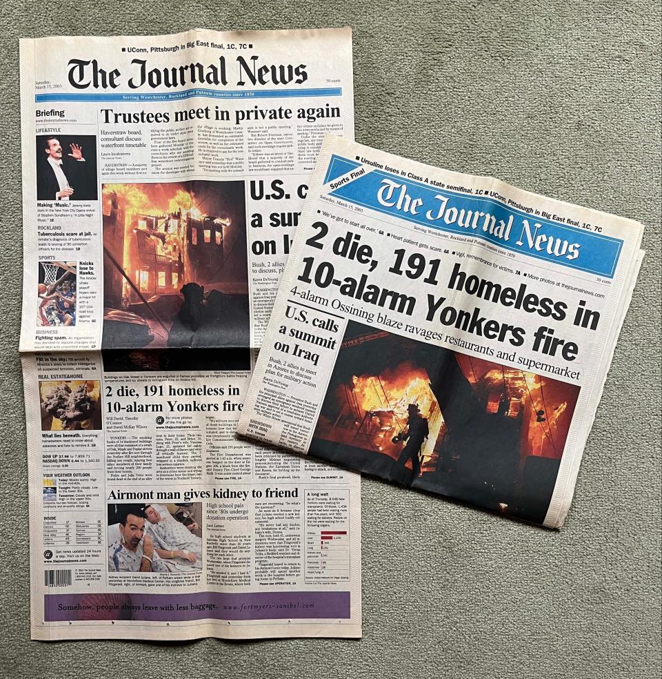 Copies of Saturday March 15, 2003 The Journal News newspaper from the 10-alarm fire on Oak Street in Yonkers. 