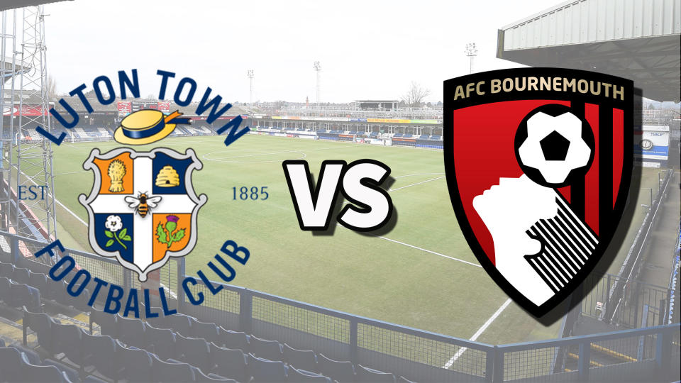  The Luton Town and AFC Bournemouth club badges on top of a photo of Kenilworth Road stadium in Luton, England. 