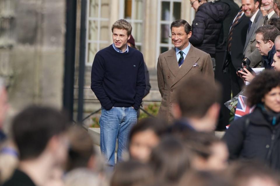 Ed McVey (left) and Dominic West on set of ‘The Crown' (PA)