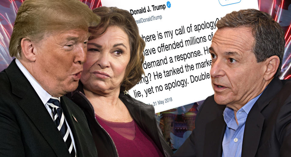 Donald Trump, Roseanne Barr and Robert Iger. (Photo illustration: Yahoo News; photos: Cheriss May/NurPhoto via Getty Images, Valerie Macon/AFP/Getty Images, Mark J. Terrill/AP, Donald Trump via Twitter, Michel Spingler/AP)