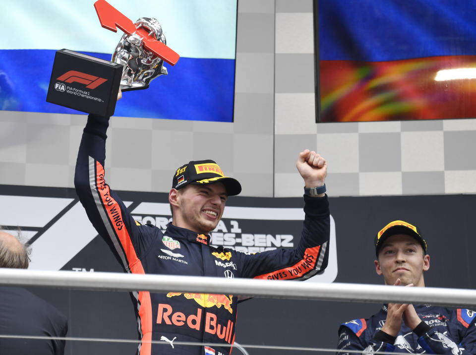 Red Bull driver Max Verstappen of the Netherland's celebrates on the podium after he won the German Formula One Grand Prix at the Hockenheimring racetrack in Hockenheim, Germany, Sunday, July 28, 2019. (AP Photo/Jens Meyer)