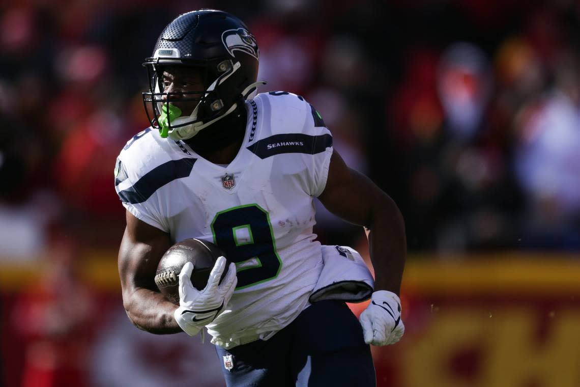 Seattle Seahawks running back Kenneth Walker III (9) rushes during the first quarter against the Kansas City Chiefs on Saturday, Dec. 24, 2022, in Kansas City, MO.