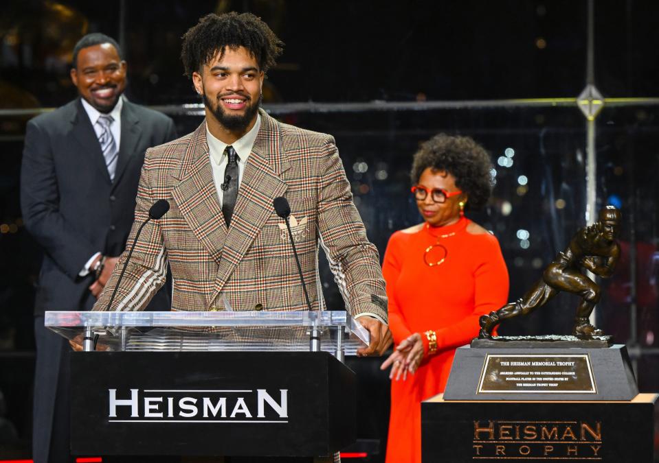 USC's Caleb Williams reacts to winning the Heisman.