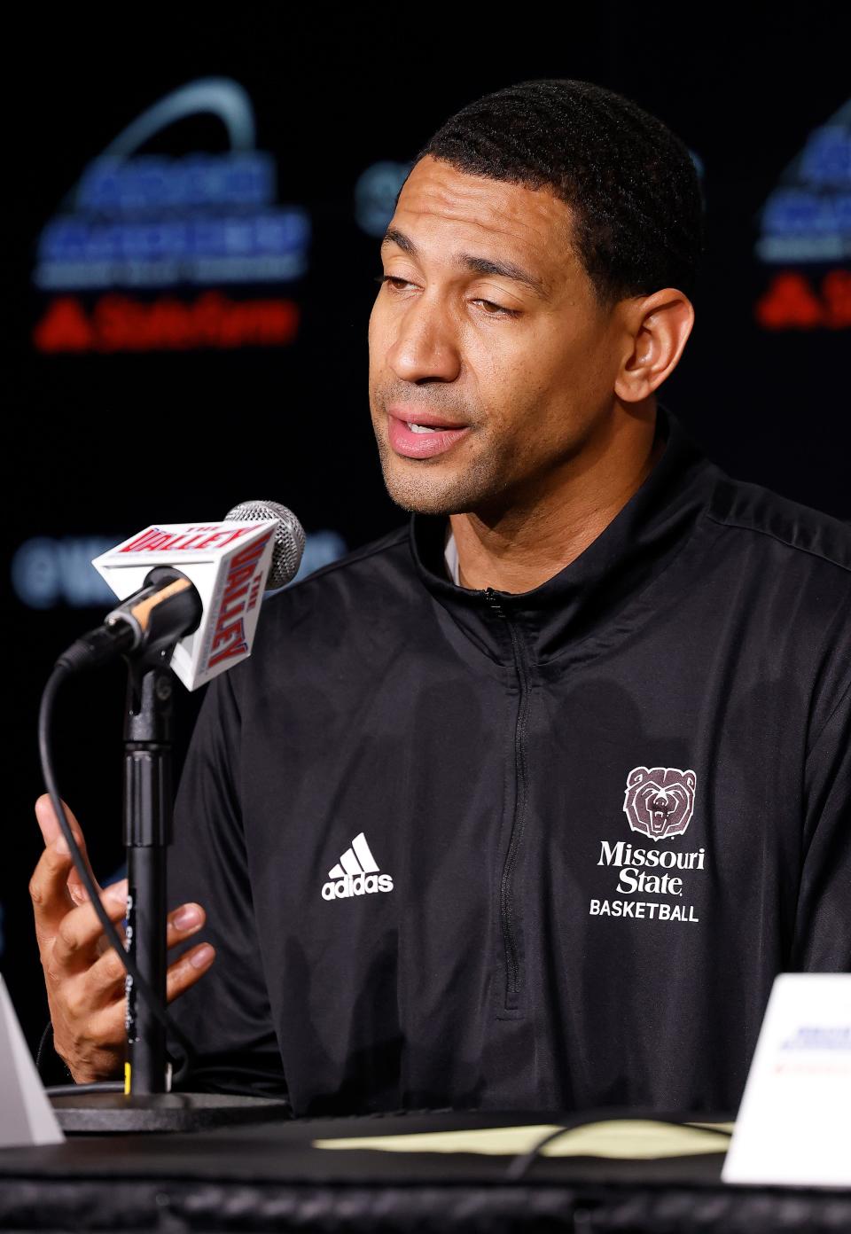 Missouri State head coach Dana Ford speaks at a press conference following a loss to Drake during the Missouri Valley Conference Tournament, Saturday, March 5, 2022, at Enterprise Center in St. Louis. 