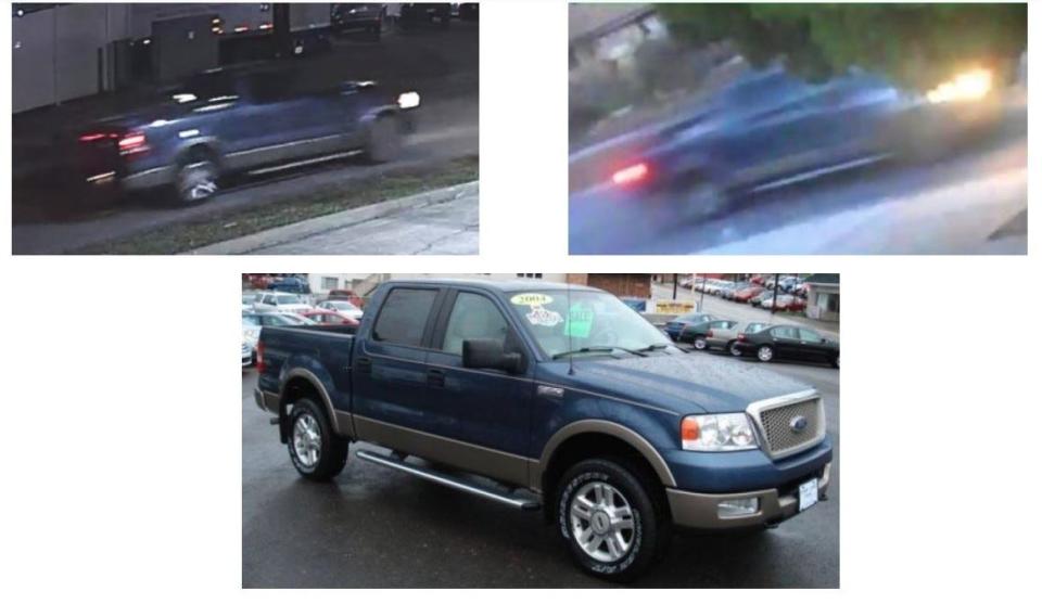 The top two images are from surveillance cameras showing the vehicle being sought. The lower photo is an image of a similar blue Ford F-150 Crew Cab pickup truck with running boards, police said.