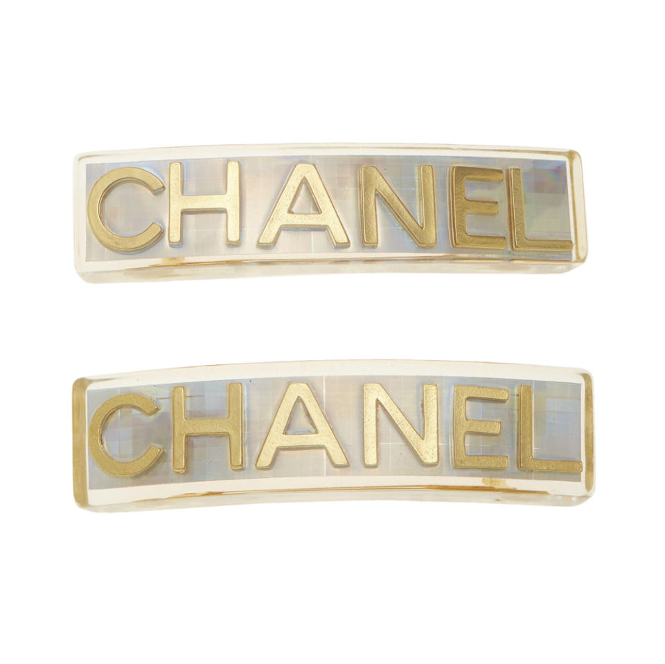 Chanel Iridescent & Gold Logo Barrettes