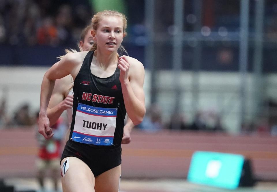 Katelyn Tuohy runs an 8:35.20 in the women's 3,000-meter, setting a new indoor collegiate record at the 115th Millrose Games at The Armory in New York on Saturday, February 11, 2023.