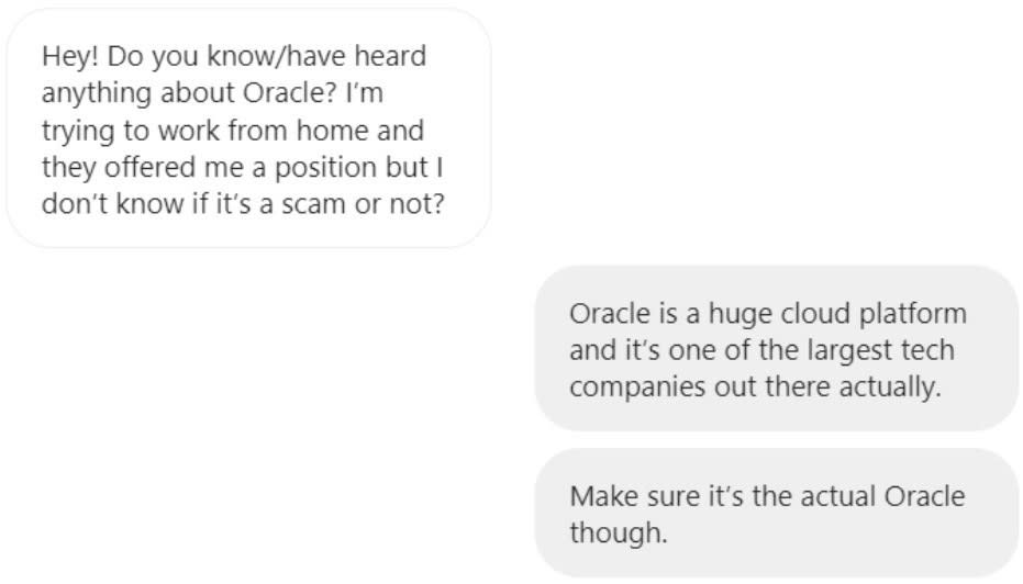 Instagram conversation about Danielle's job offer from Oracle