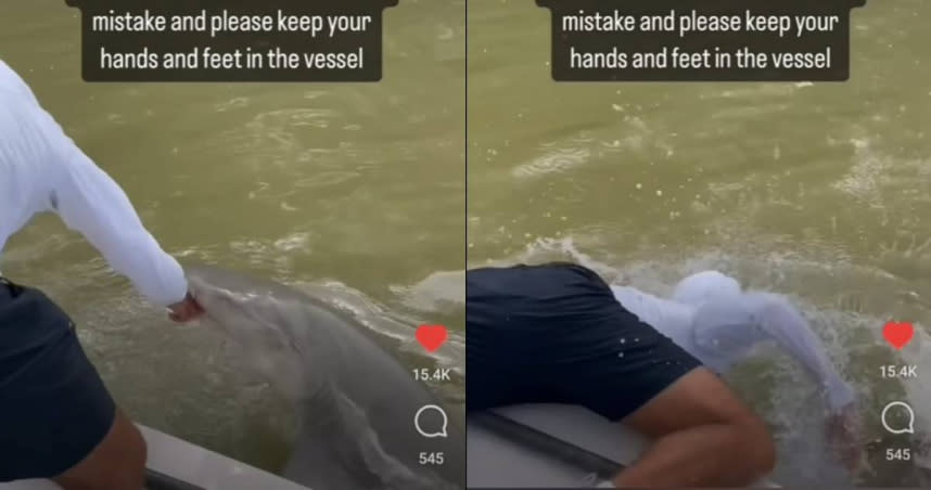 美國一名男子日前和友人前往佛州大沼澤地國家公園（Everglades National Park）釣魚時，遭到檸檬鯊（lemon sharks）咬住右手，將他硬生生拖入水中。（圖／翻攝自YouTube／Ocean Hooligan）