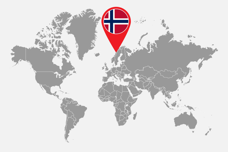 A world map with Norway indicated