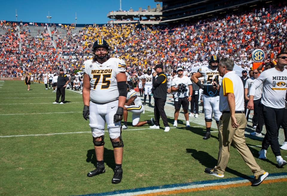 Missouri Tigers offensive lineman Mitchell Walters (75) reacts to the replay of the final play as Auburn Tigers take on Missouri Tigers at Jordan-Hare Stadium in Auburn, Ala., on Saturday, Sept. 24, 2022. Auburn Tigers defeated Missouri Tigers 17-14.