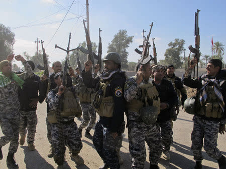 Members of the Iraqi security forces and Shiite fighters celebrate after taking control of Saadiya in Diyala province from Islamist State militants, November 24, 2014. REUTERS/Stringer