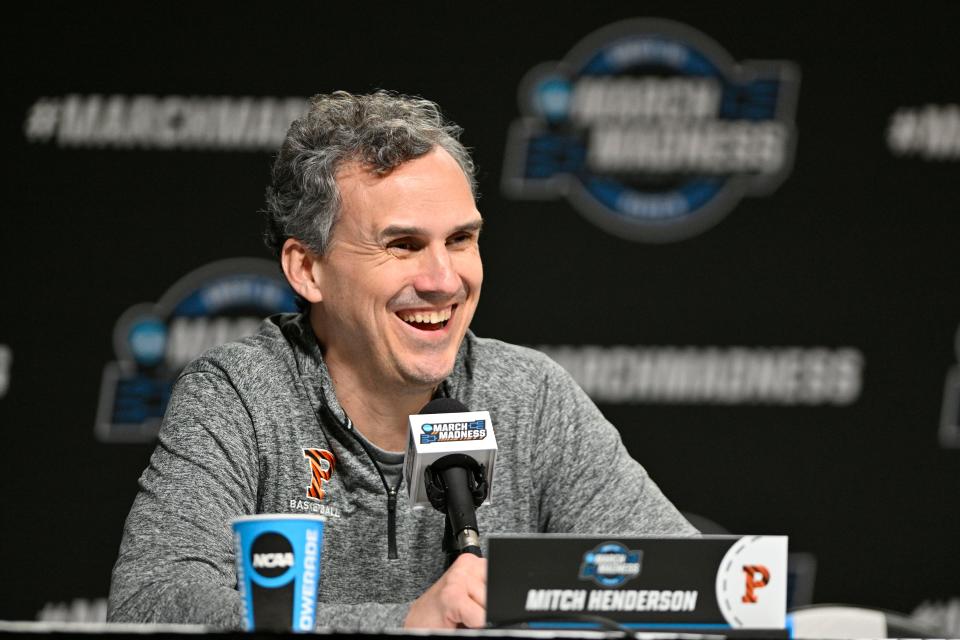 Mar 23, 2023; Louisville, KY, USA;  Princeton Tigers head coach Mitch Henderson answers a question during a press conference for their NCAA Tournament South Region game at KFC YUM! Center. Mandatory Credit: Jamie Rhodes-USA TODAY Sports