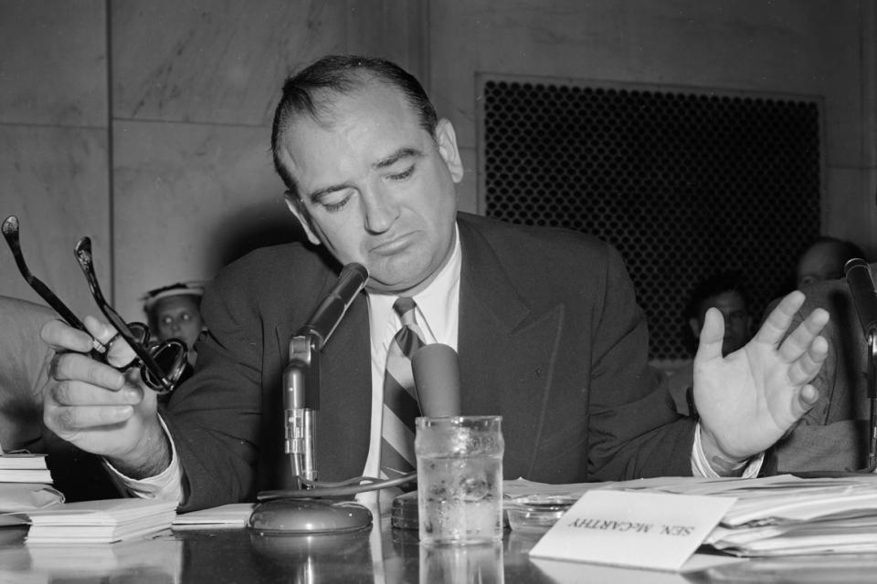 Sen. Joe McCarthy gestures as he indicates he is not impressed with an answer by Army Secretary Robert Stevens during a hearing May 3, 1954.  