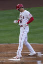 Los Angeles Angels starting pitcher Shohei Ohtani (17) crosses home plate after hitting a home run during the first inning of a baseball game against the Chicago White Sox Sunday, April 4, 2021, in Anaheim, Calif. (AP Photo/Ashley Landis)