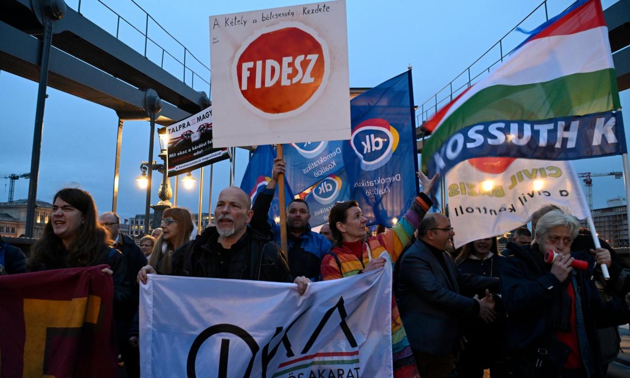 <span>Protesters this month demanding Katalin Novák and Judit Varga resign. Some analysts say the government has sought to avoid scrutiny of the issue. </span><span>Photograph: Szilárd Koszticsák/EPA</span>