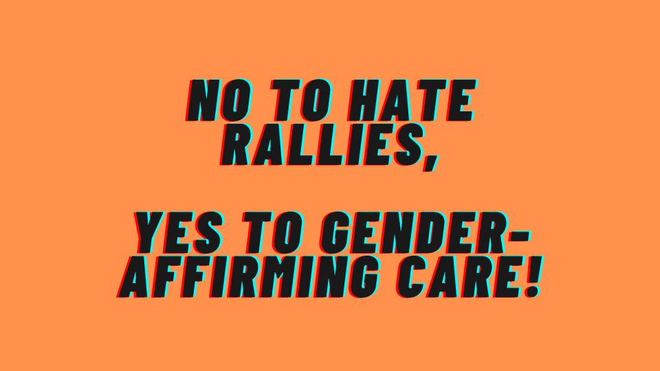 This "NO TO HATE RALLIES, YES TO GENDER-AFFIRMING CARE!" shows a Facebook post from Chris Sanders, executive director of the Tennessee Equality Project.