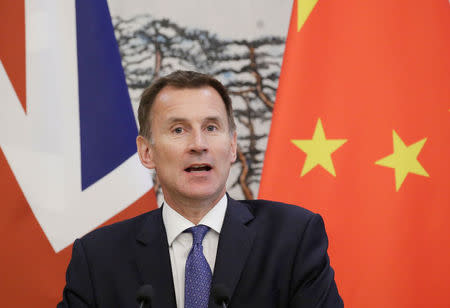 Britain's Foreign Secretary Jeremy Hunt attends a joint news conference with China's Foreign Minister Wang Yi at the Diaoyutai State Guesthouse in Beijing, China July 30, 2018. REUTERS/Jason Lee