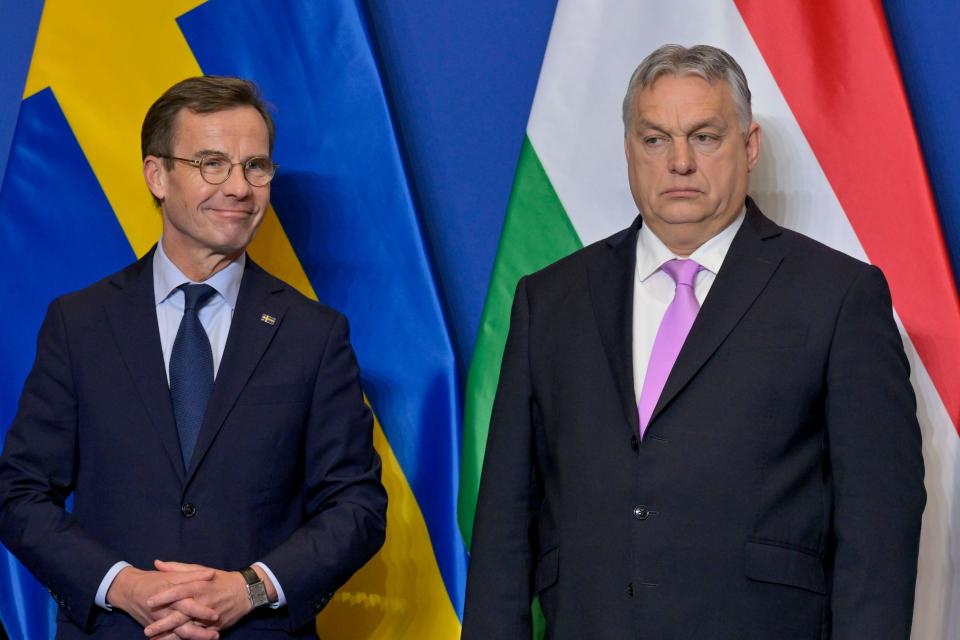 Sweden's Prime Minister Ulf Kristersson, left, and his Hungarian counterpart Viktor Orban pose at the Carmelite Monastery in Budapest, Hungary, on Feb 23, 2024.