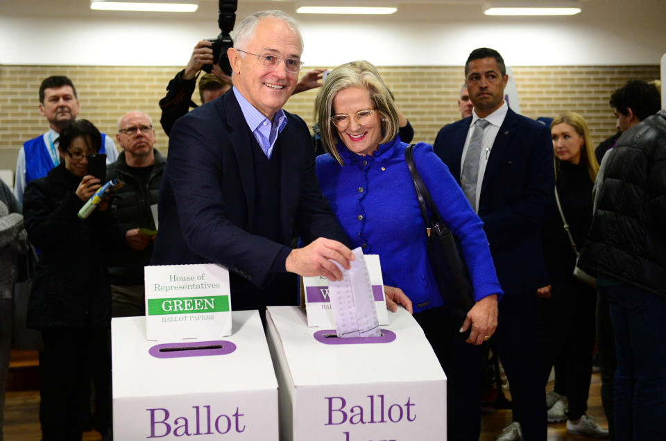 Australian Prime Minister Malcolm Turnbull casts his ballot, with wife Lucy,&nbsp;in the 2016 election. (Photo: Bloomberg via Getty Images)