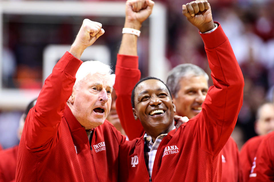 Former Indiana coach Bob Knight and former player Isiah Thomas wave to the crowd during a game at Assembly Hall on Feb. 8, 2020. (Justin Casterline/Getty Images)