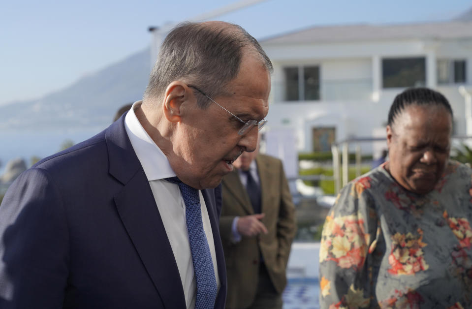 Russian Foreign Minster, Sergey Lavrov, left,, and his South African counterpart Naledi Pandor, right, meet with their counterparts from the BRICS economic bloc of developing nations in Cape Town, South Africa Thursday, June 1, 2023. The meeting is a precursor to a larger summit of developing nations in South Africa in August that Russian President Vladimir Putin may attend while under indictment by the International Criminal Court. (AP Photo/Nardus Engelbrecht)