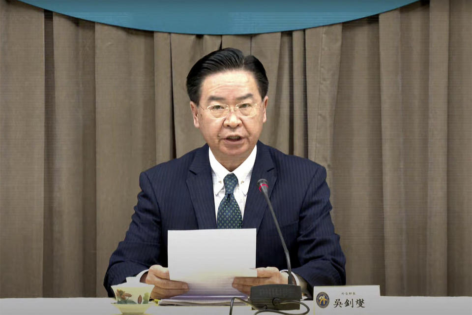 In this image from video released by Taiwan Ministry of Foreign Affairs Office, Taiwan Foreign Minister Joseph Wu speaks during a press conference following Honduras announced severance of diplomatic ties with Taiwan, in Taipei, Taiwan, Sunday, March 26, 2023. Honduras has cut diplomatic ties with Taiwan, the Latin American country announced Saturday, saying it recognizes "only one China in the world." (Taiwan Ministry of Foreign Affairs via AP)