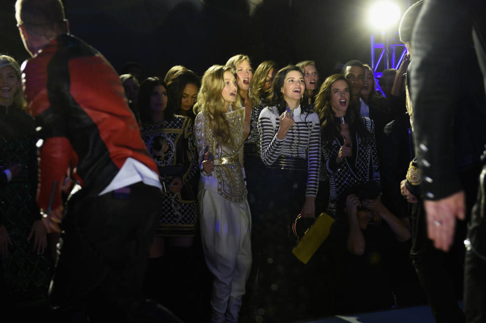 Kylie Jenner, Gigi Hadid, Kendall Jenner, Karlie Kloss, and Alessandra Ambrosio swoon over the Backstreet Boys at the Balmain x H&M launch party. 