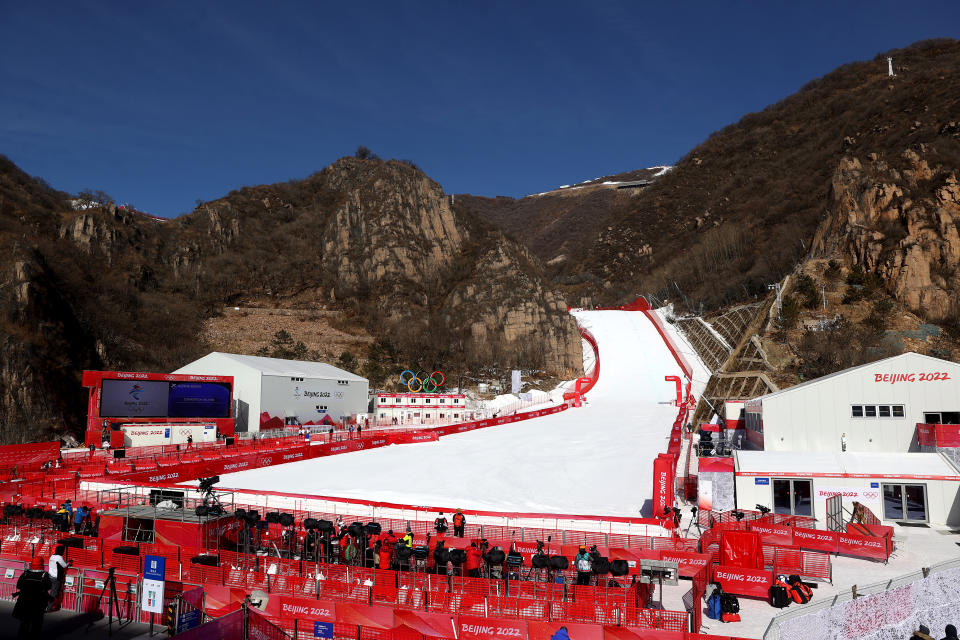 YANQING, CHINA - FEBRUARY 06:  A view of the finish line following the postponement of the Men&#39;s Downhill due to high winds on day two of the Beijing 2022 Winter Olympic Games at National Alpine Ski Centre on February 06, 2022 in Yanqing, China. (Photo by Alex Pantling/Getty Images)