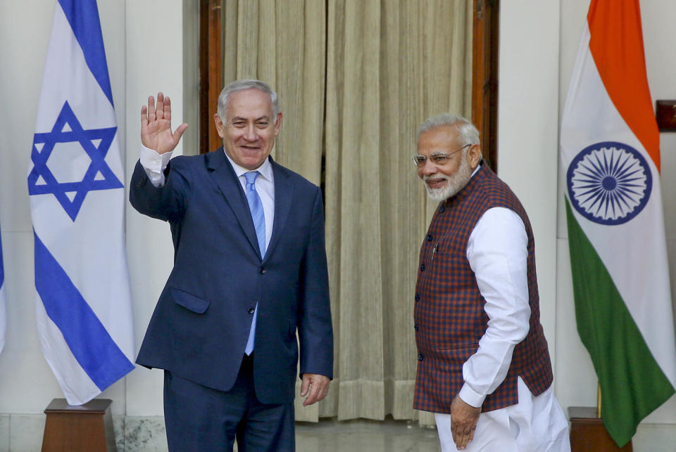 India's Prime Minister Narendra Mod and Israeli Prime Minister Benjamin Netanyahu arrive for a meeting in New Delhi in 2018. (AP)