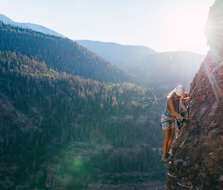 Ouray is equipped with three via ferratas, allowing climbers of all pulse rates to traverse spots like this while safely secured to steel cables.<p>GMVF-Sunset Tour Imagery</p>