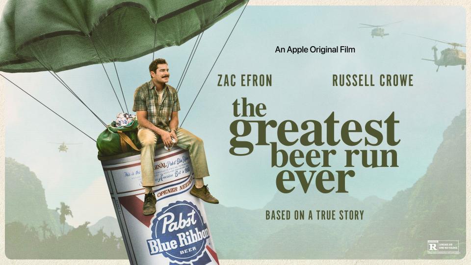 The promotional image for "The Greatest Beer Run Ever" features Zac Efron parachuting into Vietnam on top of a giant can of Pabst Blue Ribbon beer.