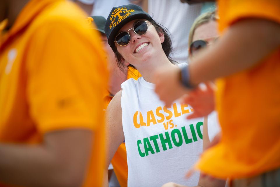A Tennessee fan sports a "Classless vs. Catholics" T-Shirt.