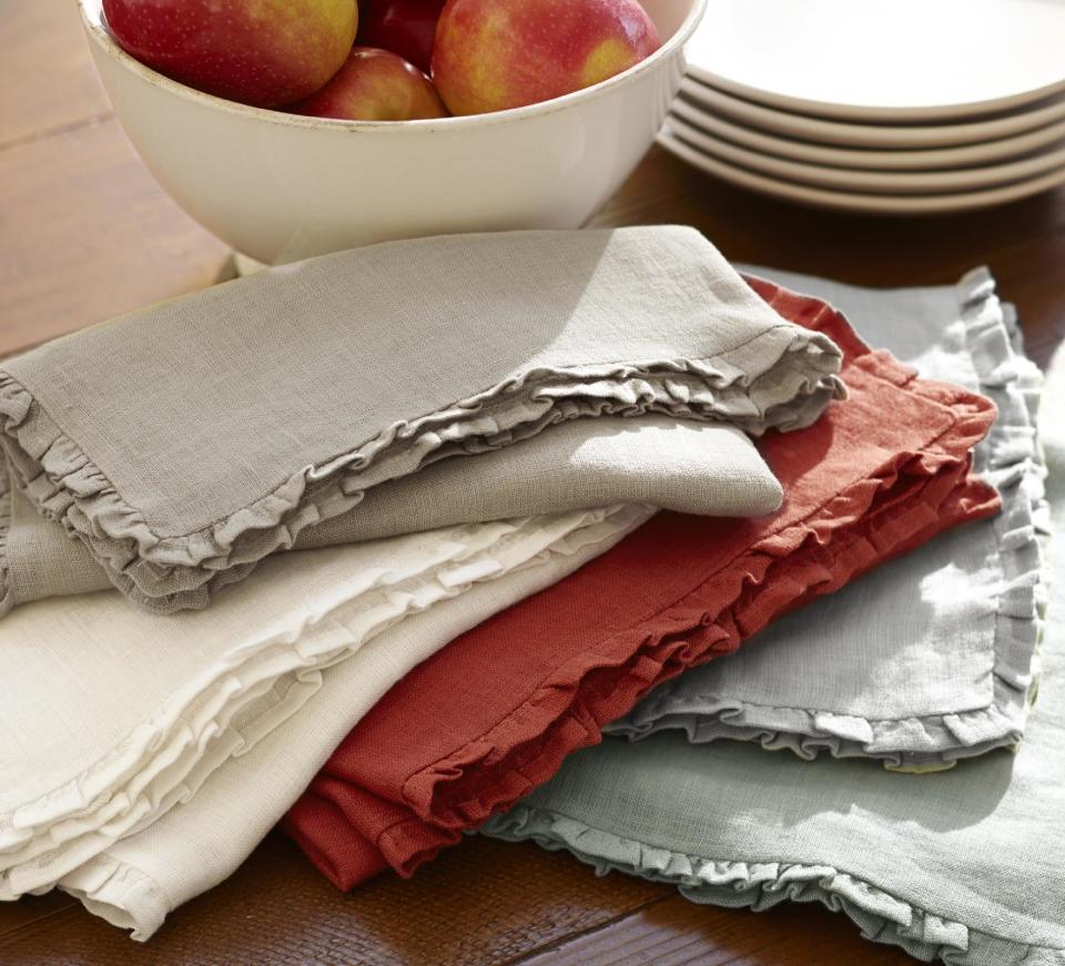 This photo provided by Pottery Barn shows a set of four Rustic Luxe linen napkins, which don’t require ironing. The trend now favors leaving washed linen napery in it’s natural, somewhat rumpled form. Meaning one less chore on the Thanksgiving to-do list. (AP Photo/Pottery Barn)