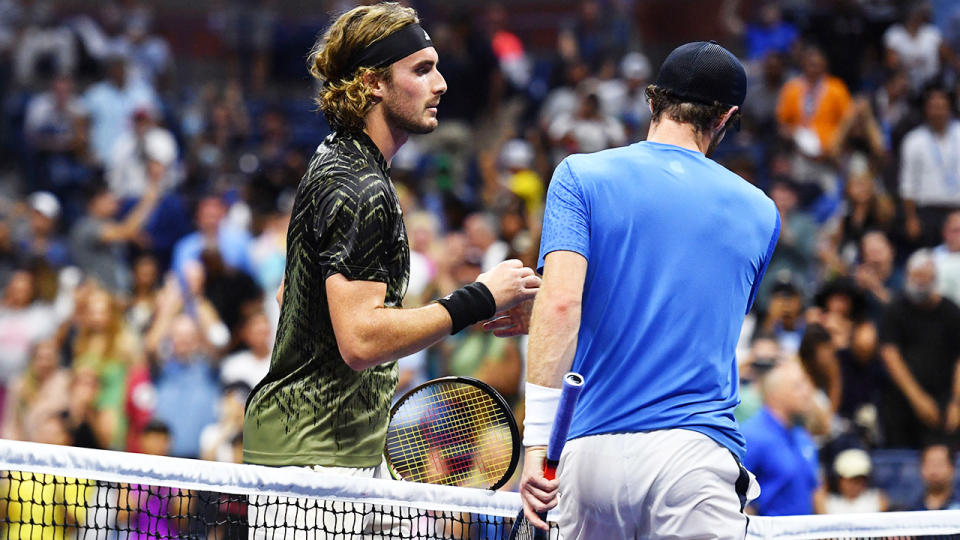 Andy Murray and Stefanos Tsitsipas, pictured here after their first-round clash at the US Open.