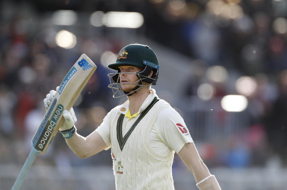 Australia's Steve Smith leaves the field after being dismissed during day four of the fourth Ashes Test cricket match between England and Australia at Old Trafford in Manchester, England, Saturday, Sept. 7, 2019. (AP Photo/Rui Vieira)