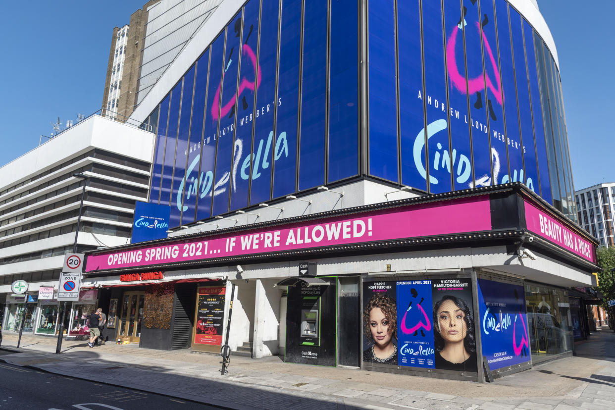  Andrew Lloyd Webber�s Cinderella his latest musical comedy starring Carrie Hope Fletcher which is due to reopen at the Gillian Lynne Theater in London�s west end in April 2021.
The Theater has a sign saying 'Opening Spring 2021... If We're Allowed!' in reference to Theaters being closed at present to the Covid-19 pandemic. (Photo by Dave Rushen / SOPA Images/Sipa USA) 