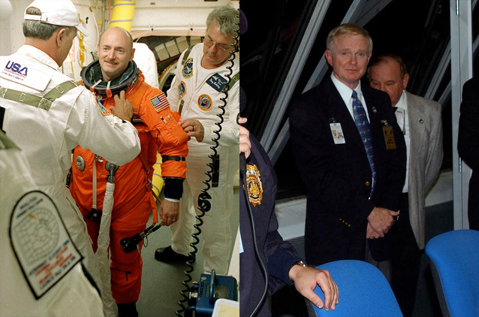 Mark Kelly (at left) prepares to board space shuttle Endeavour and Kennedy Space Center director (and former astronaut) Roy Bridges is seen in the control center after the STS-108 launch.