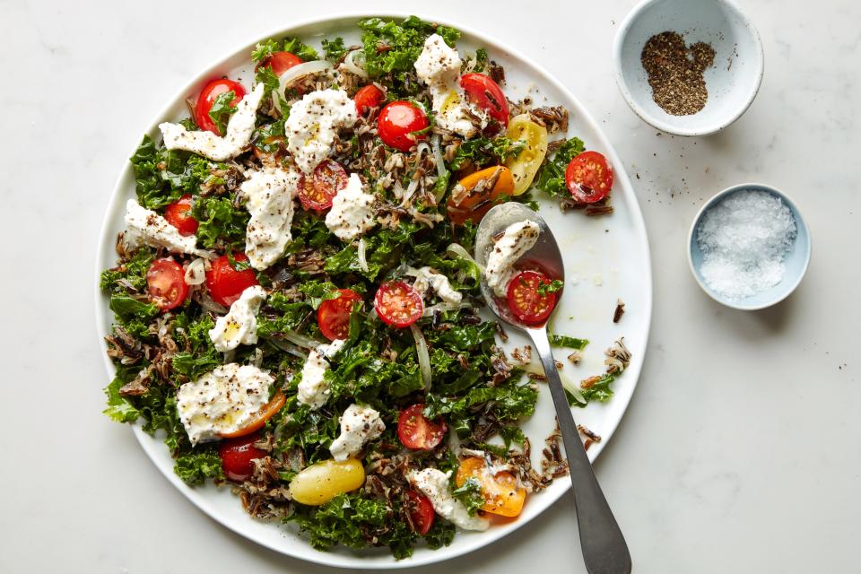 <h1 class="title">Instant Burrata Kale Salad - HERO</h1><cite class="credit">Photo by Joseph De Leo, Food Styling by Anna Stockwell</cite>