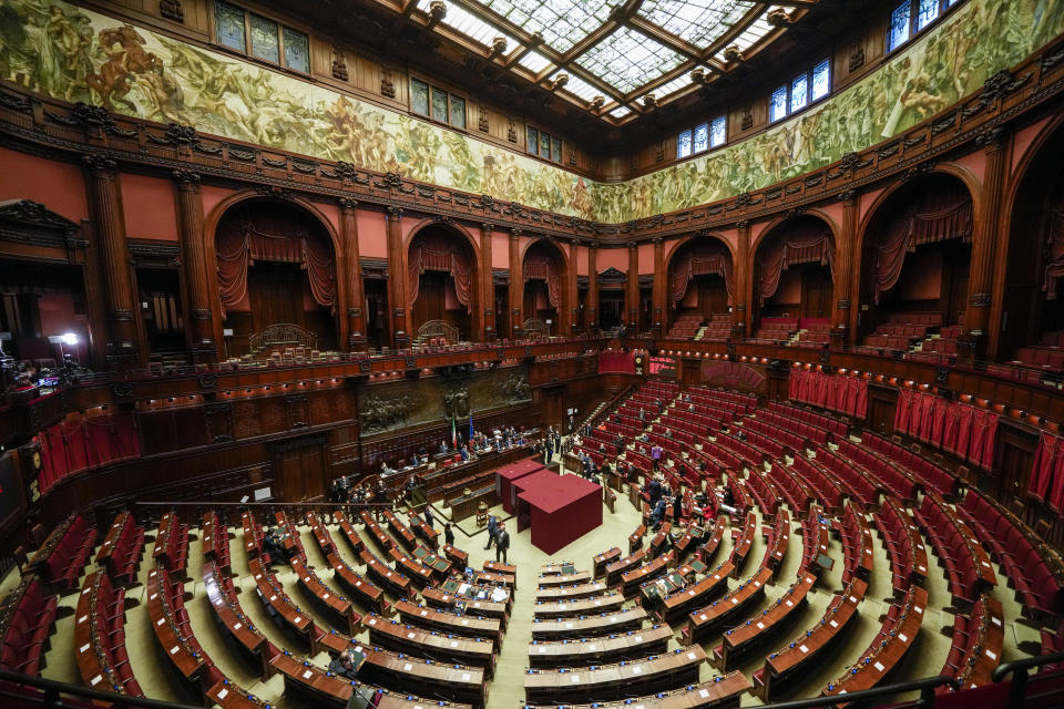 A view of the Italian parliament, in Rome, Tuesday, Jan. 25, 2022, during a voting session for the election of Italy's 13th president. A first round of voting in Italy's Parliament for the country's next president yielded an avalanche of blank ballots on Monday, as lawmakers and special regional electors failed to deliver a winner amid a political stalemate. (AP Photo/Alessandra Tarantino, pool)