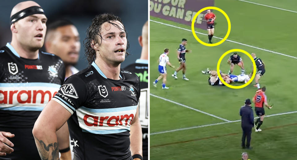 Cronulla Sharks players in action against the Bulldogs.