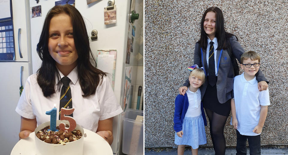Jorja Halliday, 15, pictured left with a birthday cake and with her two siblings, Daisie and Kallum, on the right.