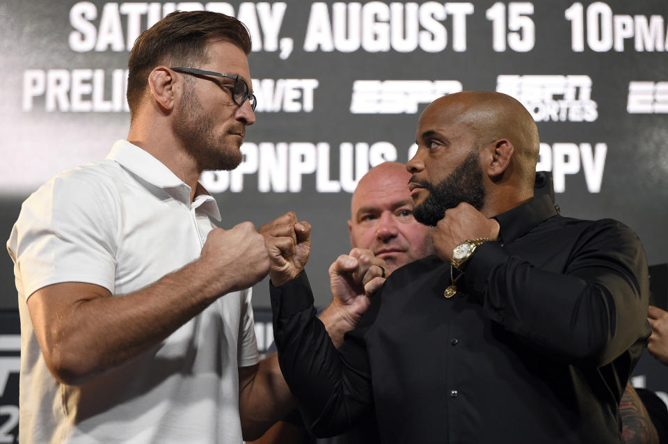 LAS VEGAS, NEVADA - AUGUST 13: (L-R) Opponents Stipe Miocic and Daniel Cormier face off during the UFC 252 press conference at UFC APEX on August 13, 2020 in Las Vegas, Nevada. (Photo by Chris Unger/Zuffa LLC)