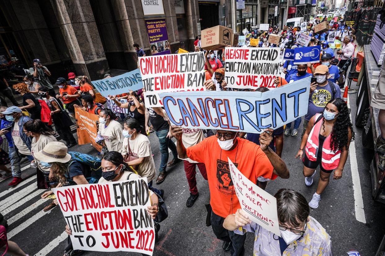 Housing activists march across town towards New York Gov. Kathy Hochul office in Manhattan, New York calling for an extension of pandemic era eviction protections