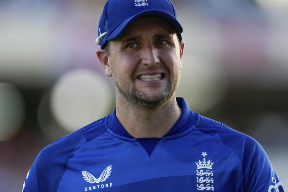 England's Liam Livingstone gestures during the first ODI cricket match against West Indies at Sir Vivian Richards Stadium in North Sound, Antigua and Barbuda, Sunday, Dec. 3, 2023. (AP Photo/Ricardo Mazalan)