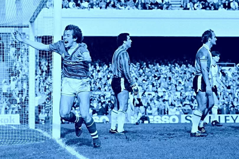 Adrian Heath of Everton celebrates after scoring the winning goal past Southampton goalkeeper Peter Shilton during the FA Cup semi-final at Highbury on April 14, 1984