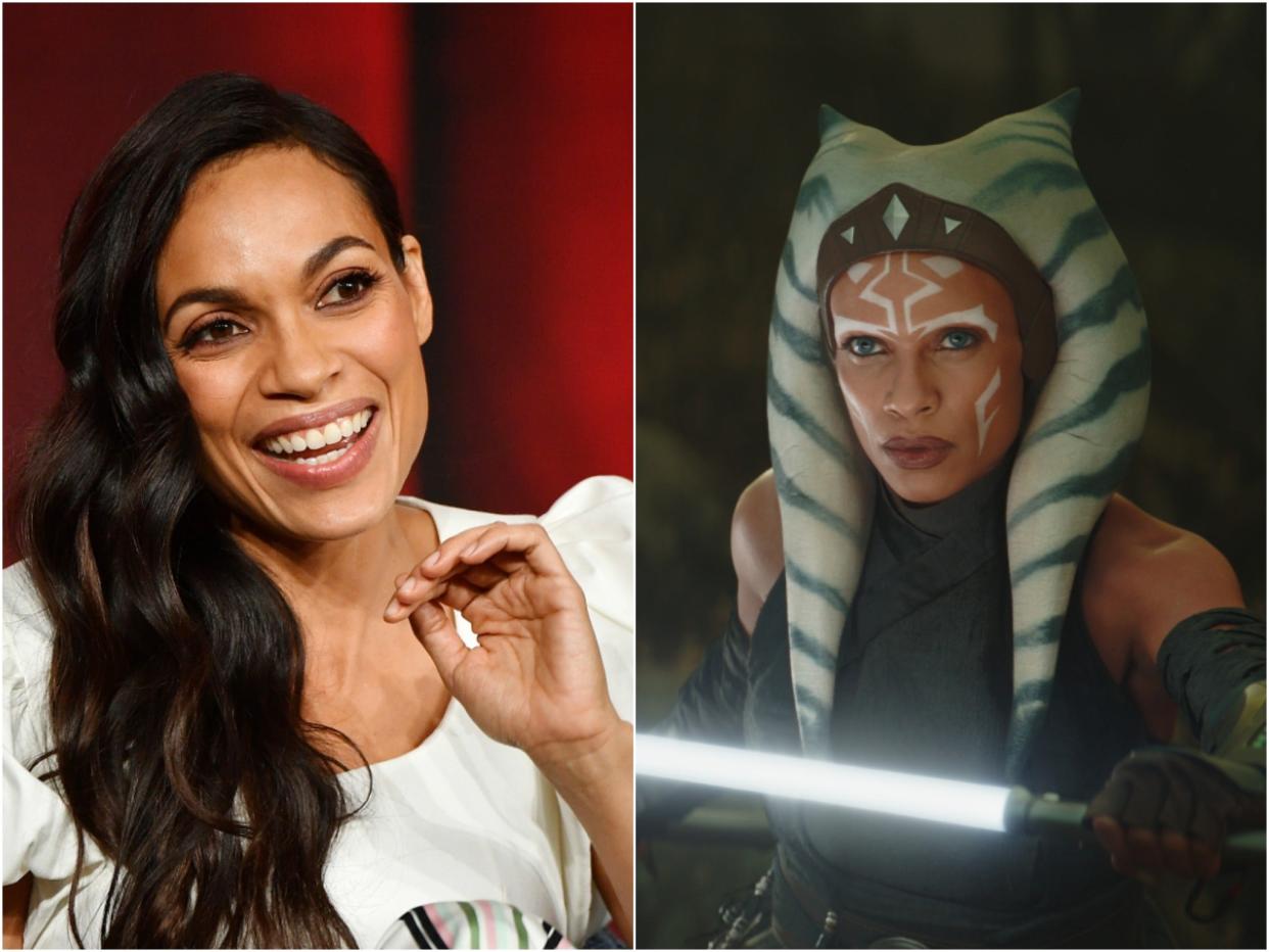 Rosario Dawson photographed in 2020 (left), and as seen in The Mandalorian (right) (Getty/Lucasfilm)