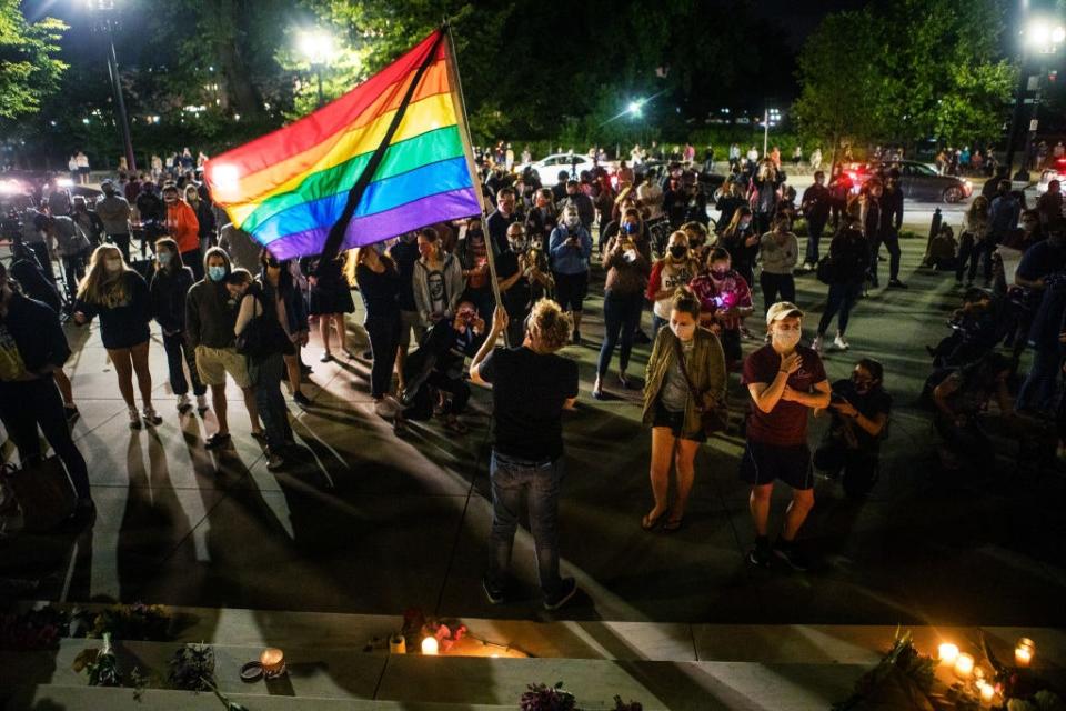 A crowd gathered at the steps of the Supreme Court